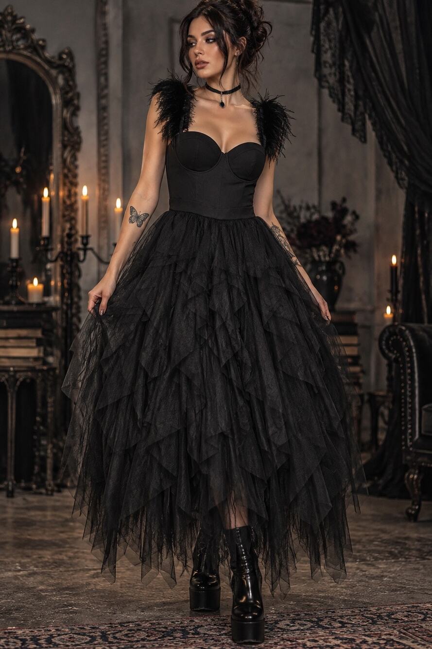Fashion Nova Camilla Tulle Maxi Dress Black Feather Trim Corset Bustier L NWT